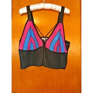 Madden NYC Heart Ring Crochet Black Multicolor Cropped Boho Tank Top‎ Size 1X